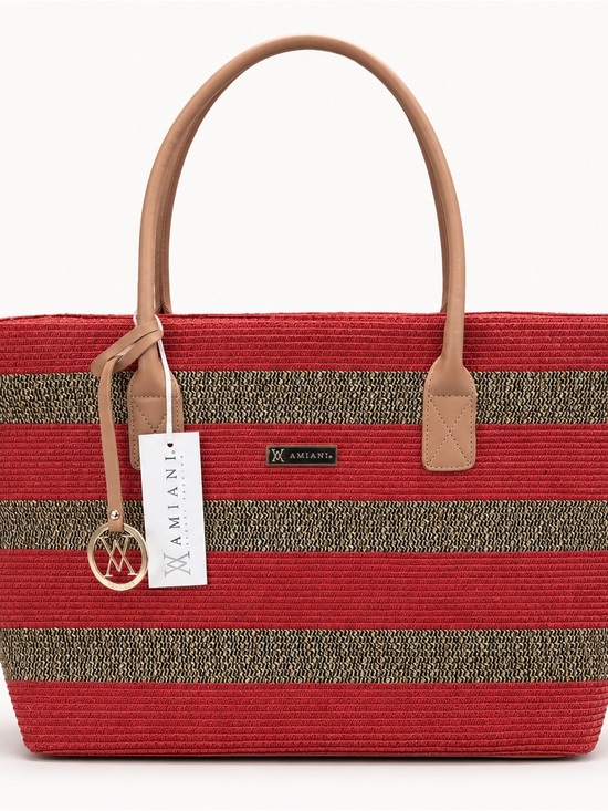 Amiani Handbags - Red Striped Tote Bag with Tan Handles